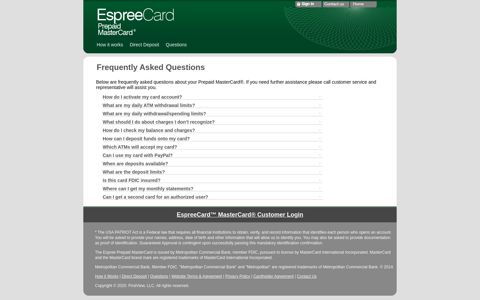 Questions - Espree Prepaid MasterCard