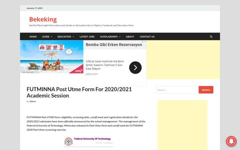 FUTMINNA Post Utme Form For 2020/2021 Academic ...