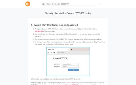 192.168.0.1 - Everest EWT-301 Router login and password