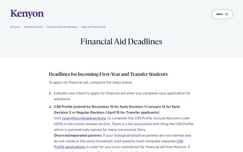 Financial Aid Deadlines | Kenyon College