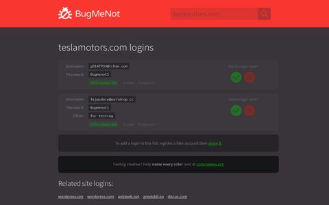 teslamotors.com passwords - BugMeNot