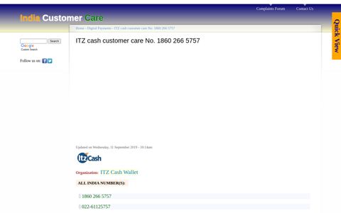 ITZ cash customer care No. 1860 266 5757 | India Customer ...