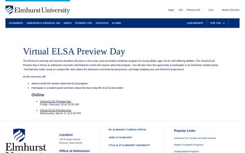 Elmhurst University - Virtual ELSA Preview Day