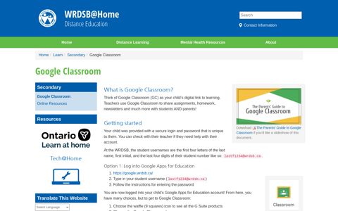 Google Classroom (WRDSB@Home) - School Year Information