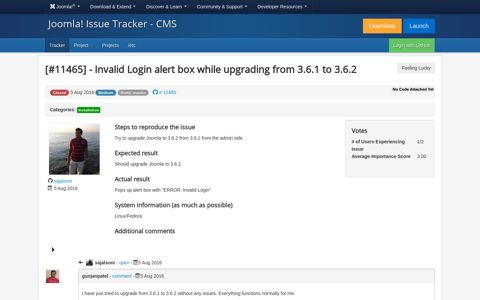 Joomla! CMS #11465 - Invalid Login ... - Joomla! Issue Tracker