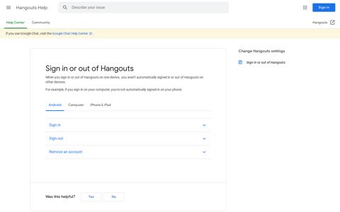 Sign in or out of Hangouts - Android - Hangouts Help - Google ...