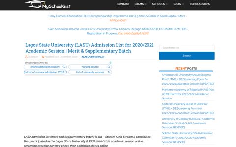 LASU Admission List for 2020/2021 Academic Session ...