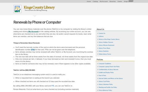 Renewals by Phone or Computer | Kings County Library