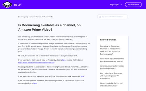 Is Boomerang available as a channel, on Amazon Prime Video?