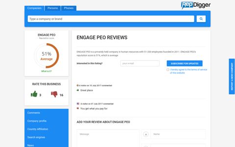 ENGAGE PEO - 2 Reviews, 51% Reputation Score - RepDigger