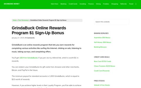 GrindaBuck Online Rewards Program $1 Sign-Up Bonus