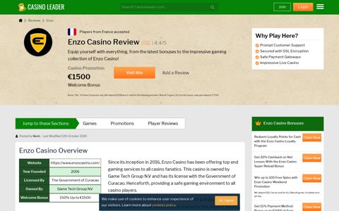 Enzo Casino Review 2020 - Sign Up and Claim up to €1500 ...