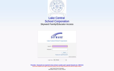 Lake Central School Corporation - Login - Powered by Skyward