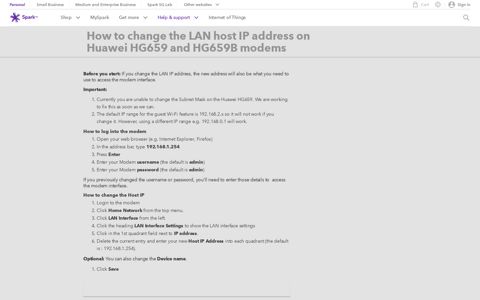How to change the LAN host IP address on Huawei HG659 ...