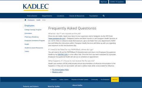 Employee Health FAQs | Kadlec