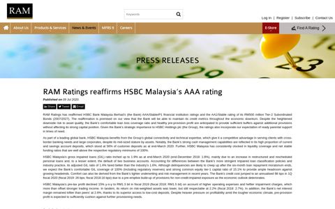 RAM Ratings reaffirms HSBC Malaysia's AAA rating