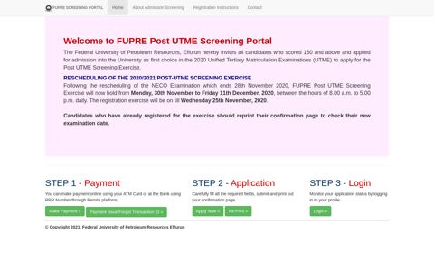 FUPRE Post UTME Screening Portal - Federal University of ...