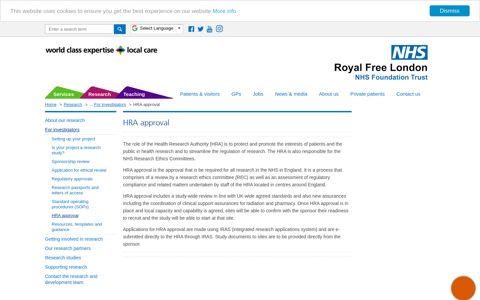 HRA approval | For investigators | Research | The Royal Free
