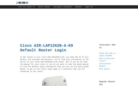 Cisco AIR-LAP1262N-A-K9 - Default login IP, default ...