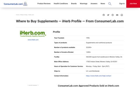iHerb Profile &mdash; From ConsumerLab.com