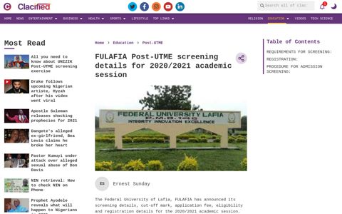 FULAFIA Post-UTME screening and full details for 2020/2021 ...