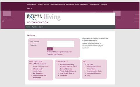 Login - applying for accommodation - University of Exeter