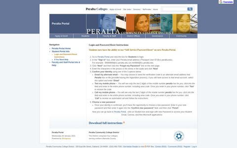 Login and Password Reset Instructions : Peralta Portal