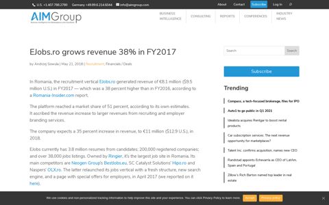 EJobs.ro grows revenue 38% in FY2017 - AIM Group