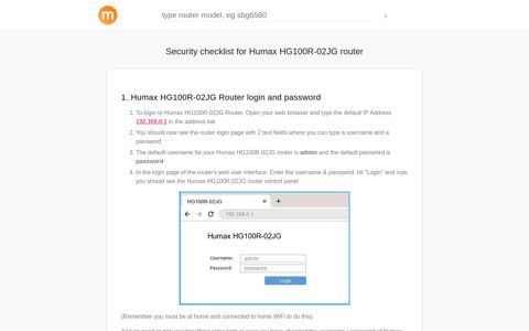 192.168.0.1 - Humax HG100R-02JG Router login and password