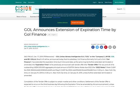 GOL Announces Extension of Expiration Time by Gol Finance