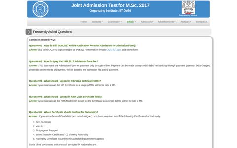 Admission related FAQs - JAM 2017