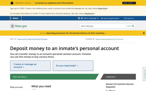 Deposit money to an inmate's personal account | Mass.gov