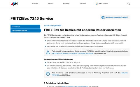 Box für Betrieb mit anderem Router einrichten | FRITZ!Box 7240