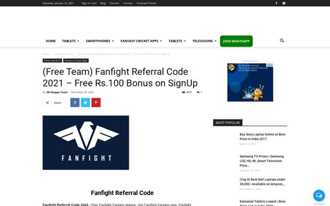 (Free Team) Fanfight Referral Code - Free Rs.100 Bonus on ...