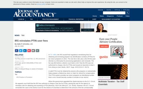 IRS reinstates PTIN user fees - Journal of Accountancy