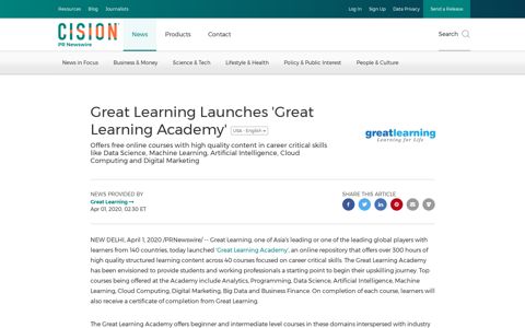 Great Learning Launches 'Great Learning Academy'