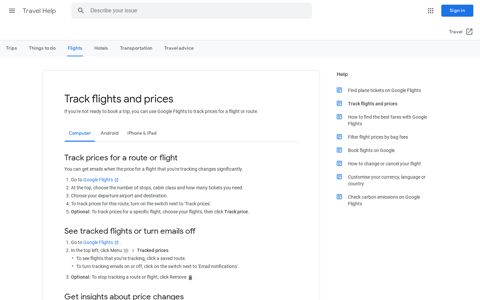 Track flights and prices - Computer - Travel Help - Google ...