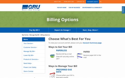 GRU > My Home > Manage My Bill > Billing Options