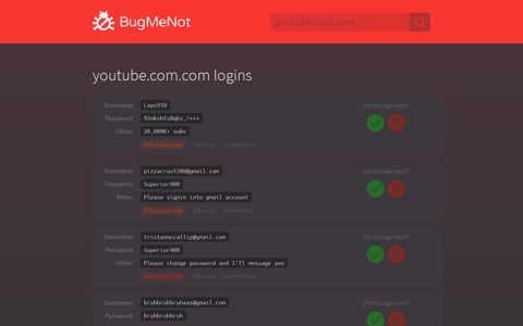 youtube.com.com logins - BugMeNot