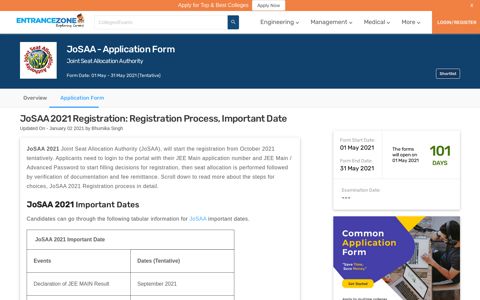 JoSAA 2021 Registeration: Registration Process, Important Date