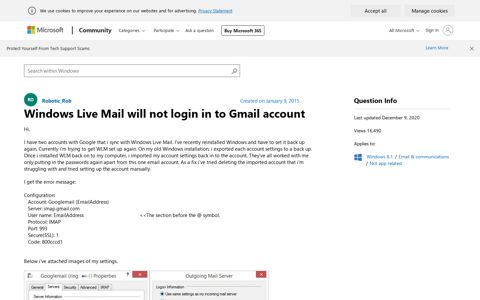 Windows Live Mail will not login in to Gmail account ...