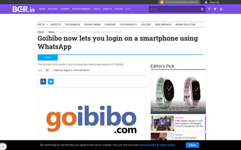 Goibibo now lets you login on a smartphone using WhatsApp