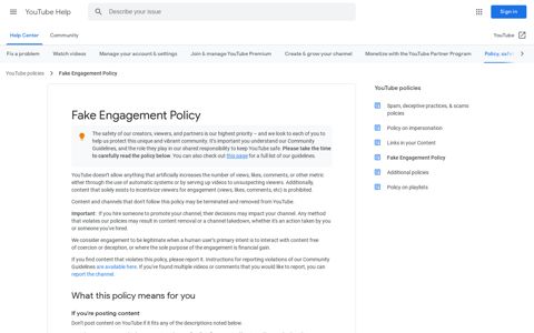 Fake Engagement Policy - YouTube Help - Google Support