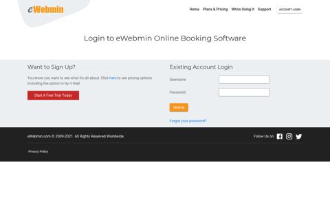 Login to eWebmin Online Booking Software