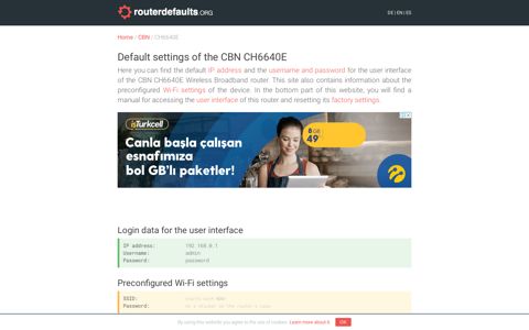 Default settings of the CBN CH6640E - routerdefaults.org