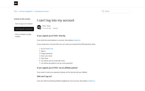 I can't log into my account – FOX+