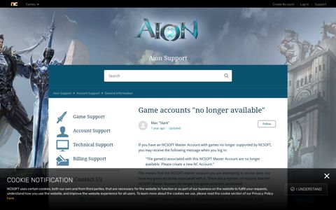 Game accounts "no longer available" – Aion Support