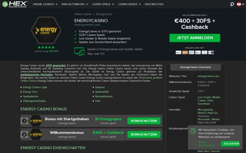 🥇 Energy Casino Online | Bonus €400 + 30FS