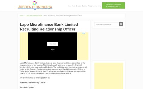 Lapo Microfinance Bank Limited Recruiting Relationship Officer