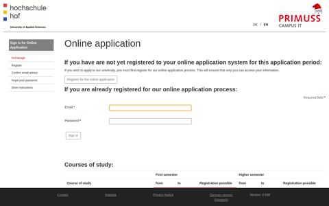 Sign in for Online Application - Primuss